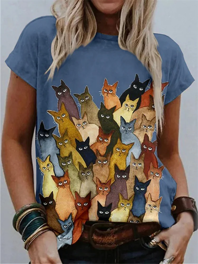 Colorful Crowded Cats Graphic T Shirt