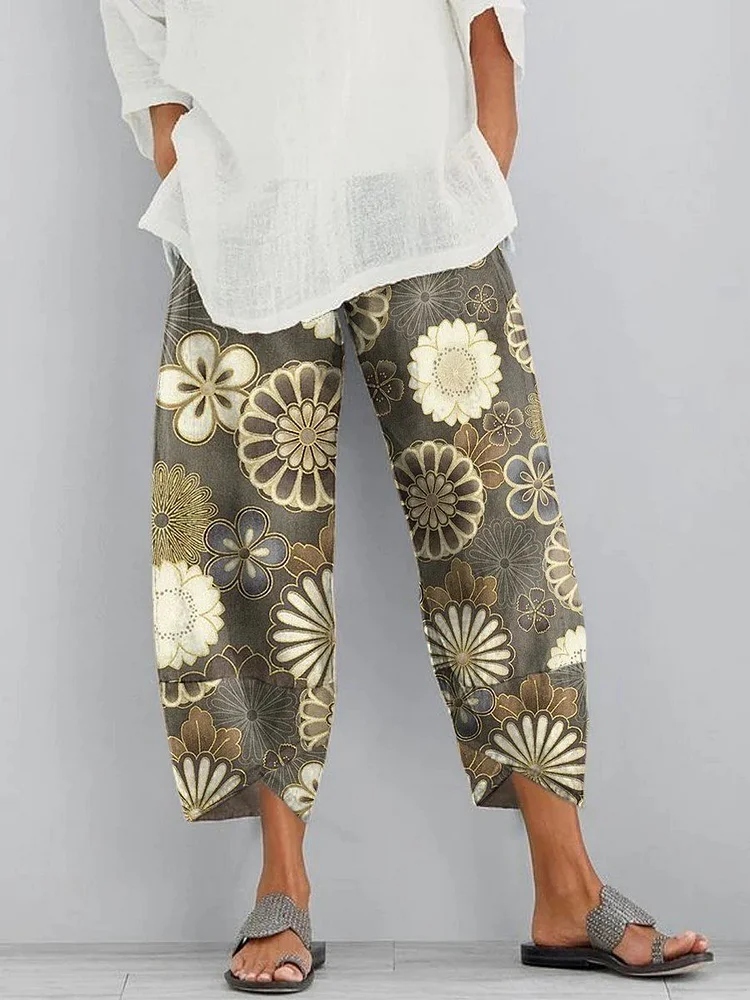 Women's Vintage Loose Cotton-Linen Printed Casual Pants