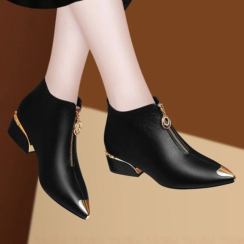 Blankf Women's Boots Fashion Metal Pointed Short Boots Autumn and Winter Women Leather Boots Elegant Thick Heel Women Ankle Boots