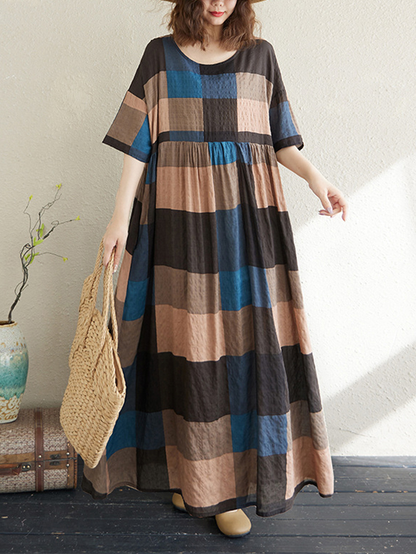 Stripe Patchwork Plaid Pattern Loose Maxi Dress