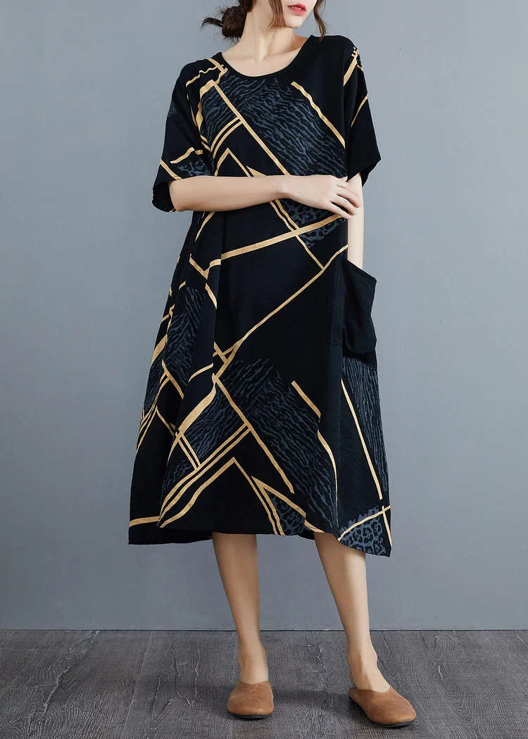 French Black Print Half Sleeve Maxi Summer Cotton Linen Dress