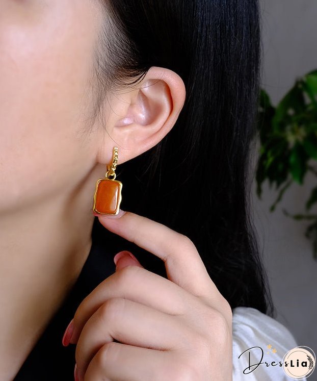 Handmade Orange Sterling Silver Overgild Beeswax Square Hoop Earrings