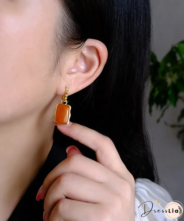 Handmade Orange Sterling Silver Overgild Beeswax Square Hoop Earrings