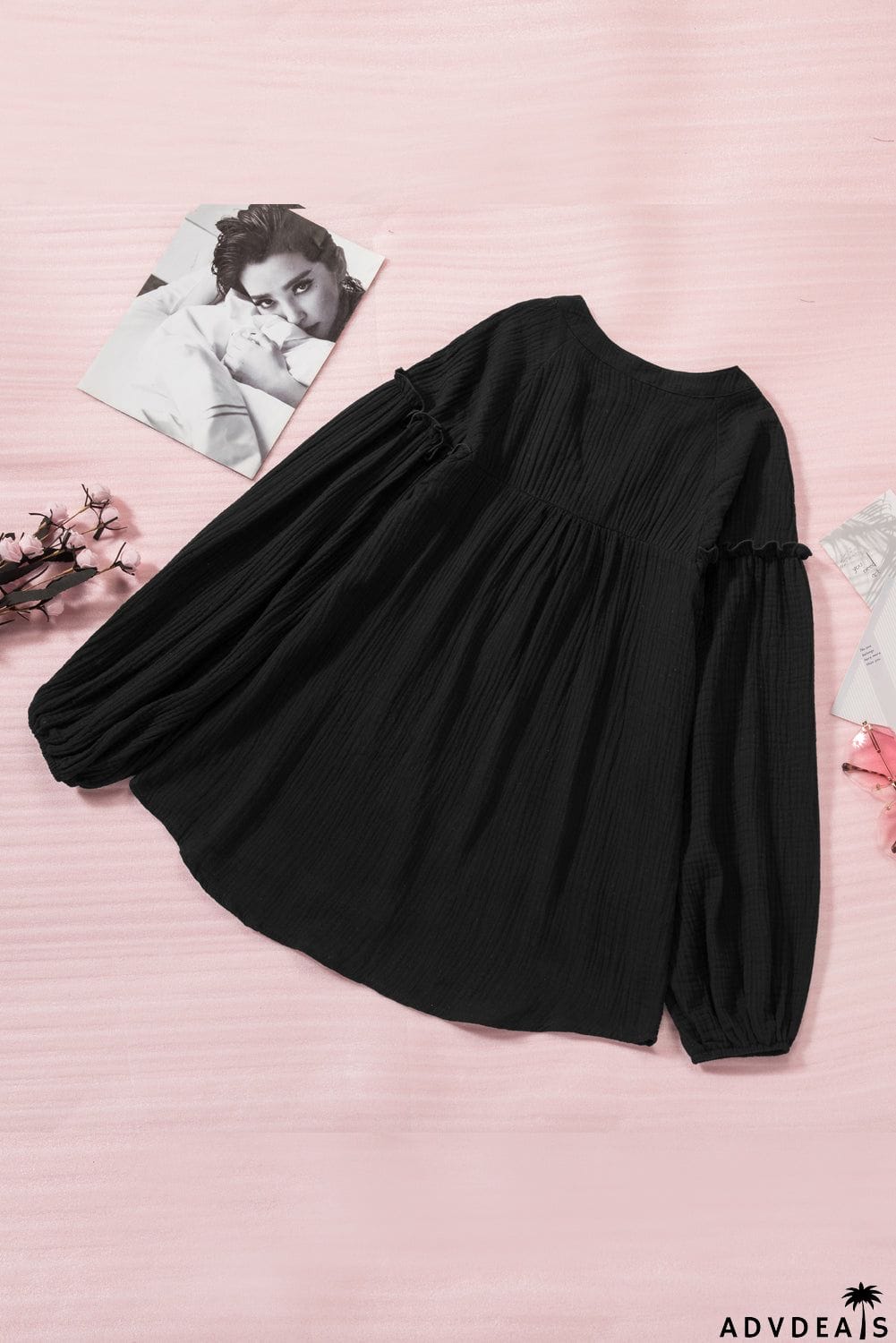 Casual Balloon Sleeve Crinkled Top