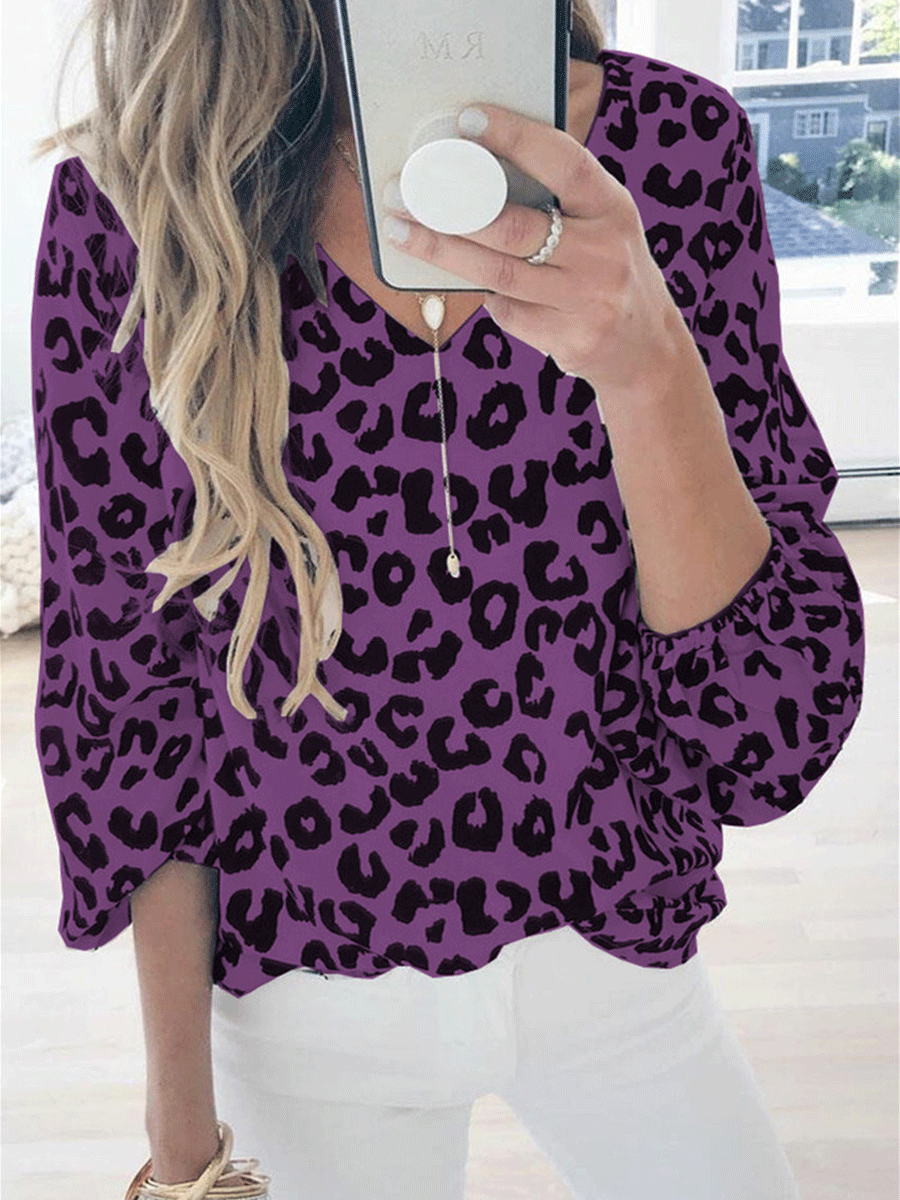 Leopard V-neck Lantern Sleeve Casual T-shirt