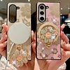 For Samsung Galaxy Z Fold Shiny Diamond Cute Flower Stand Magnetic Phone Case with Holder