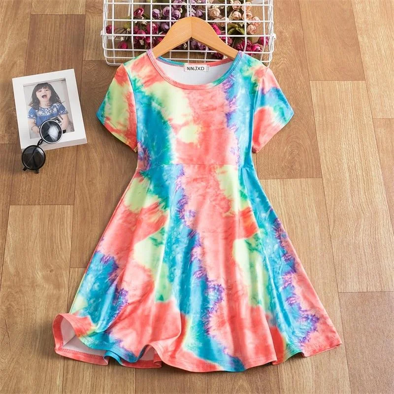 New Bohemia Style Beach Dress For Girls Summer Short Sleeve Tie Dye Printing Carnival Party Costume Casual 3-8T Girls Sundress