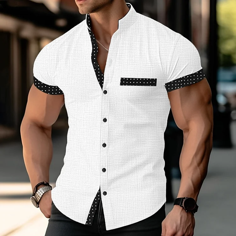 Men's Polka Dot Pattern Stand Collar Short Sleeve Shirt