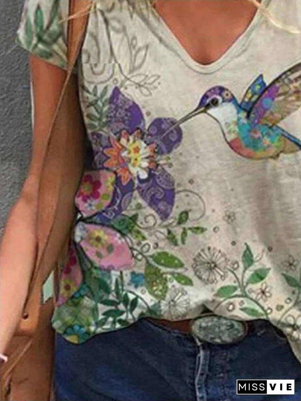 Women Short Sleeve V-Neck Floral Printed Tops