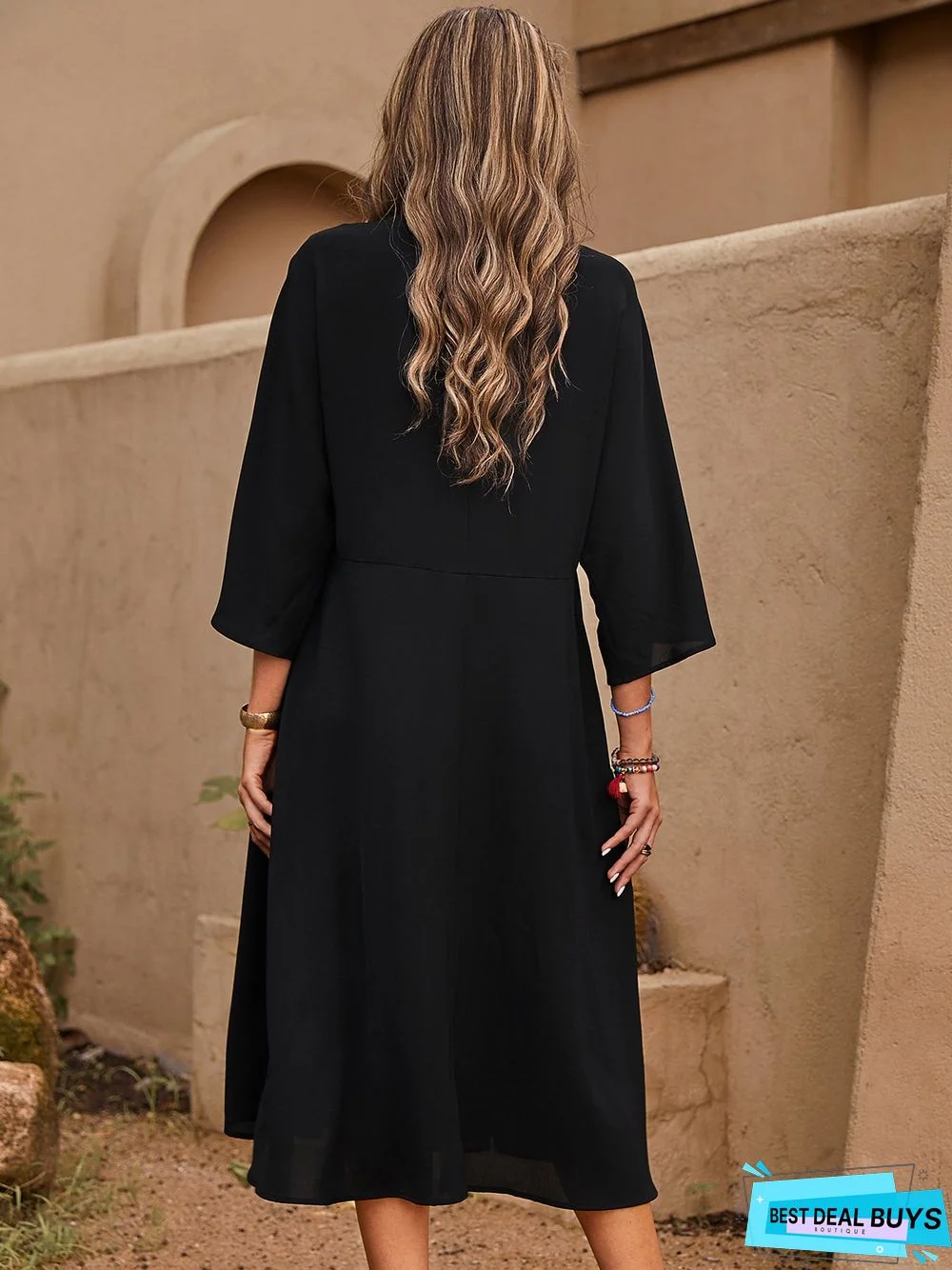 Appliqued Casual A-Line 3/4 Sleeve Weaving Dress