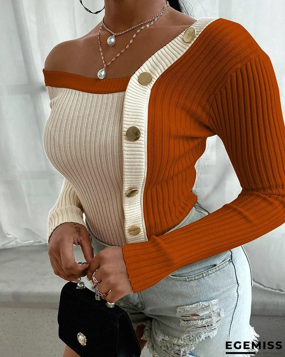 Colorblock Buttoned Knit Long Sleeve Sweater | EGEMISS