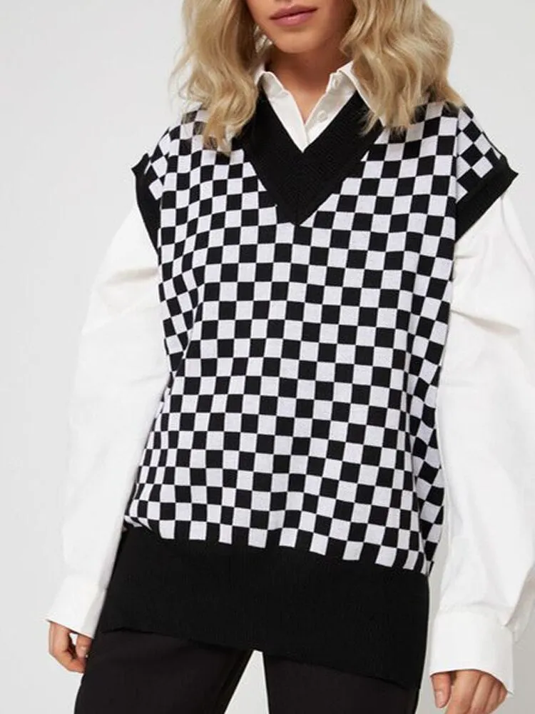 Tossy Casual Argyle Women's Vest Knitted Sleeveless Sweater Top For Women 2021 Autumn New V-Neck Pullover Vest Y2k Knitwear