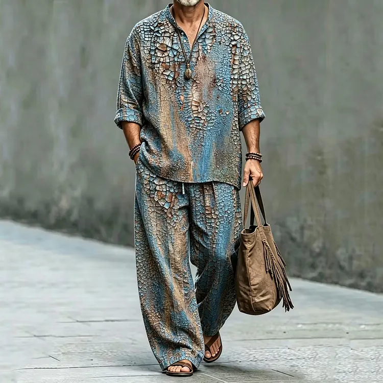 Men's Retro Abstract Art Print Shirt And Pants Two Piece Set