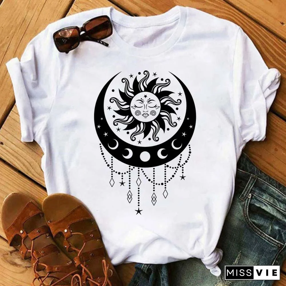 Maycaur Women Harajuku T Shirt New Moon Star Printed T Shirt O-Neck Summer Short Sleeve Tees Women Clothes Graphic T Shirts