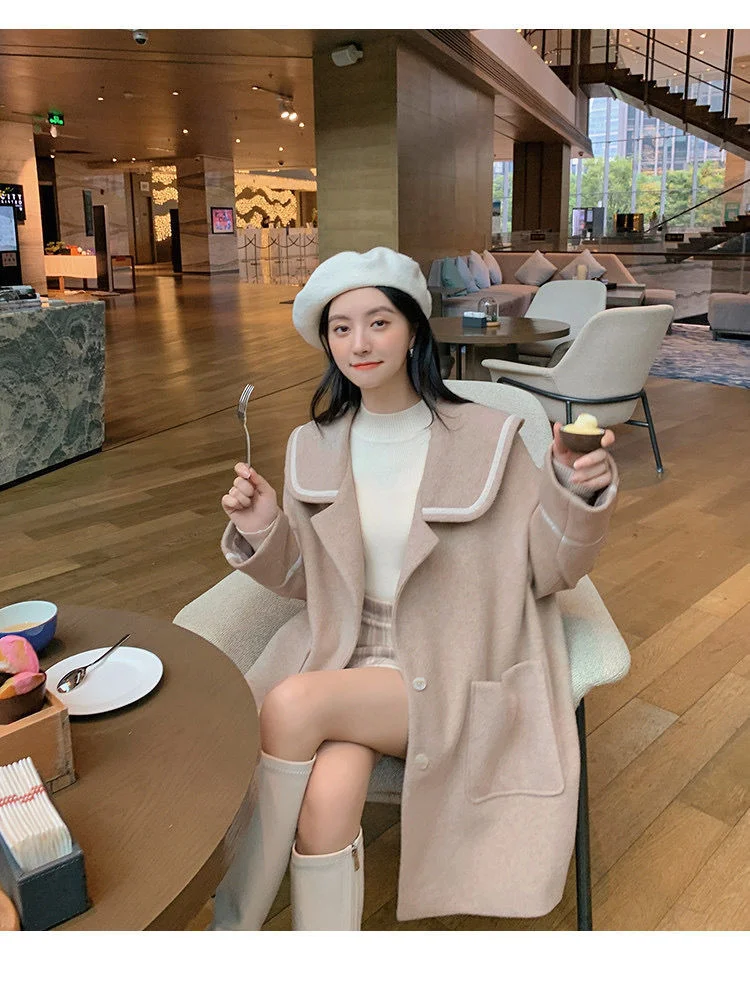 Elegant Wool Blends Big Pocket Solid Sailor Collar Coat BE125