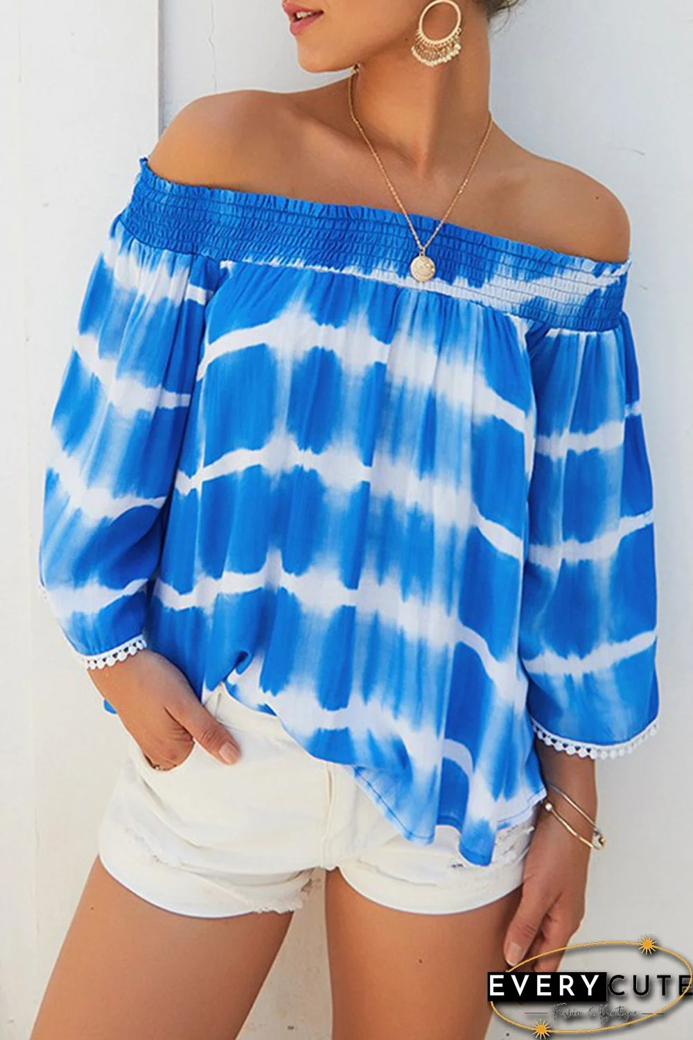 Blue Striped Off-the-shoulder Nine-point Sleeve Blouse