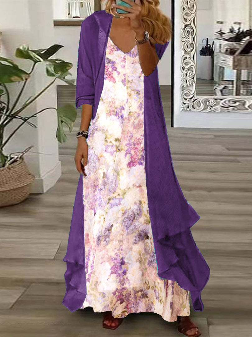 Women's Long Sleeve V-neck Floral Printed Two Pieces Maxi Dress