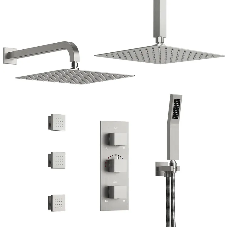 EVERSTEIN 12" Dual Rainfall Shower System with Body Jets Brushed Nickel 