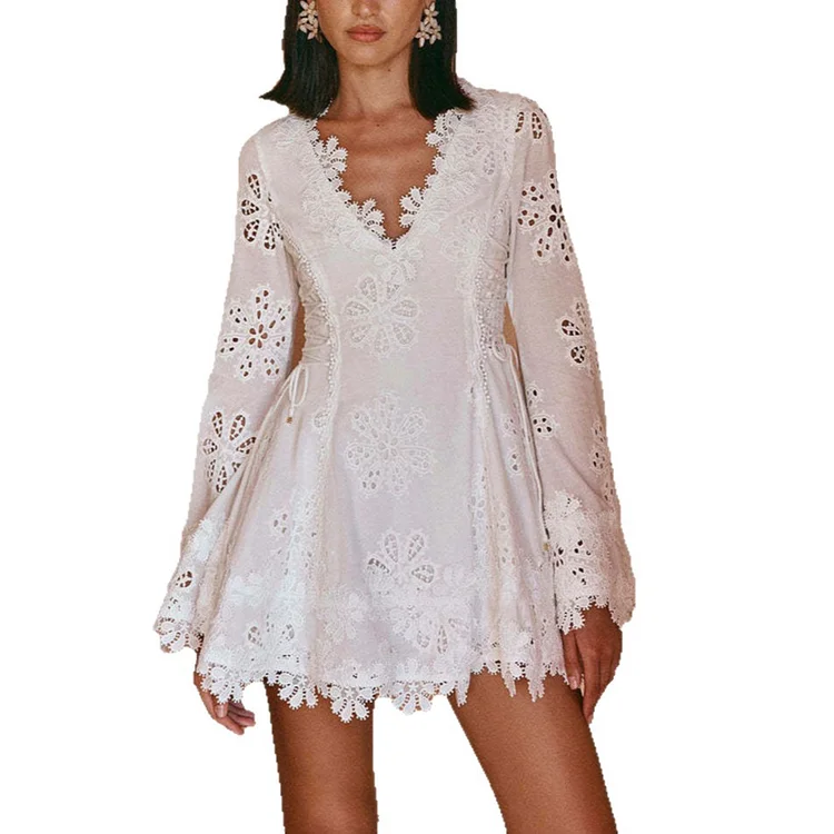 Long Sleeve Tied Lace V-neck Slim Fit Dress