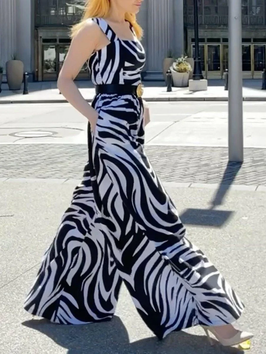 Stylish zebra print wide-leg jumpsuit