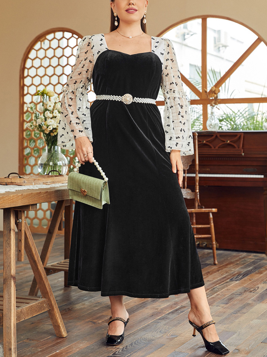 Pearl Belt Black Velvet Perspective Sleeve Elegant Dress | Oxredo Shop Ramadan Sale