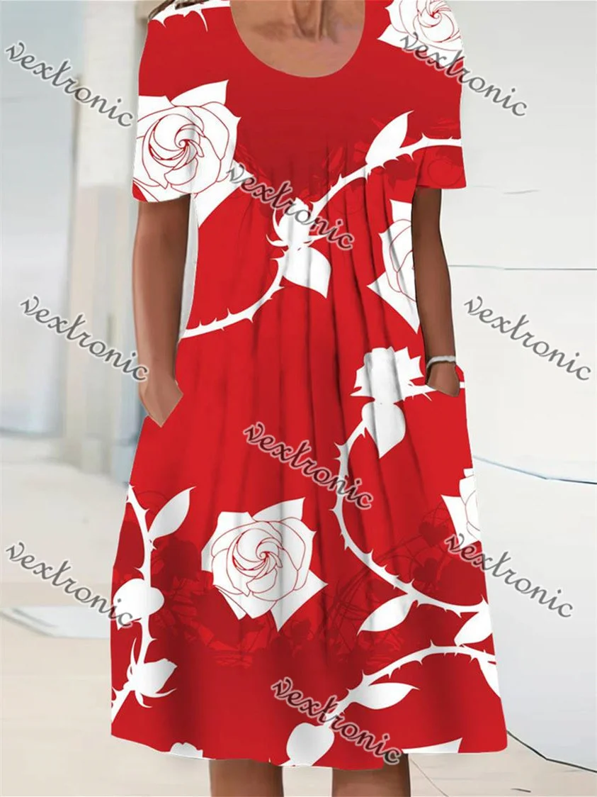 Women's Short Sleeve Scoop Neck Floral Printed Graphic Midi Dress