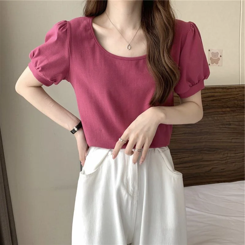 Brownm Brownm Sleeve T Shirt Female Summer 2024 New French Design Sense Low Round Collar Slim Thin Short Sleeve Student Jacket