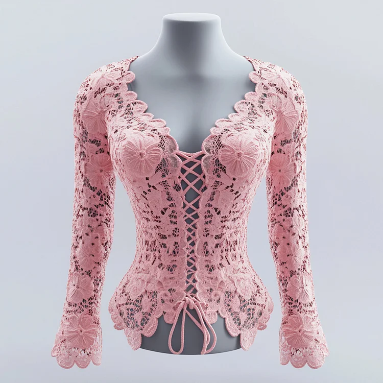 Ursime Lace Hollow Out V Neck Long Sleeve Lace-Up Blouse