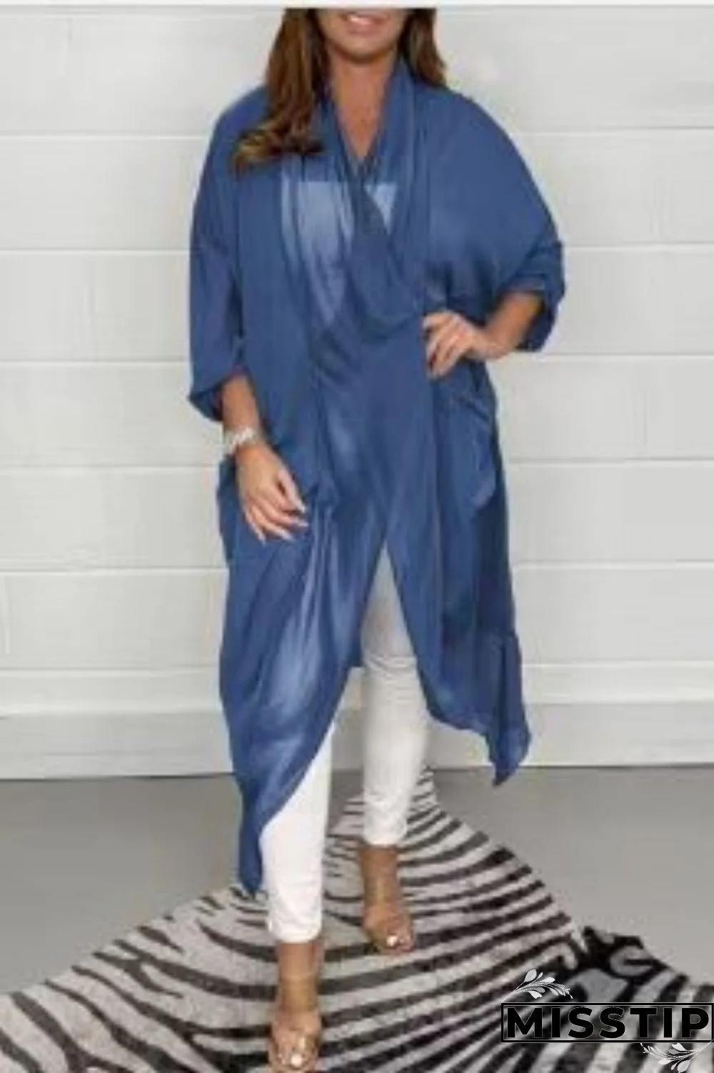 Blue Casual Solid Asymmetrical V Neck Tops