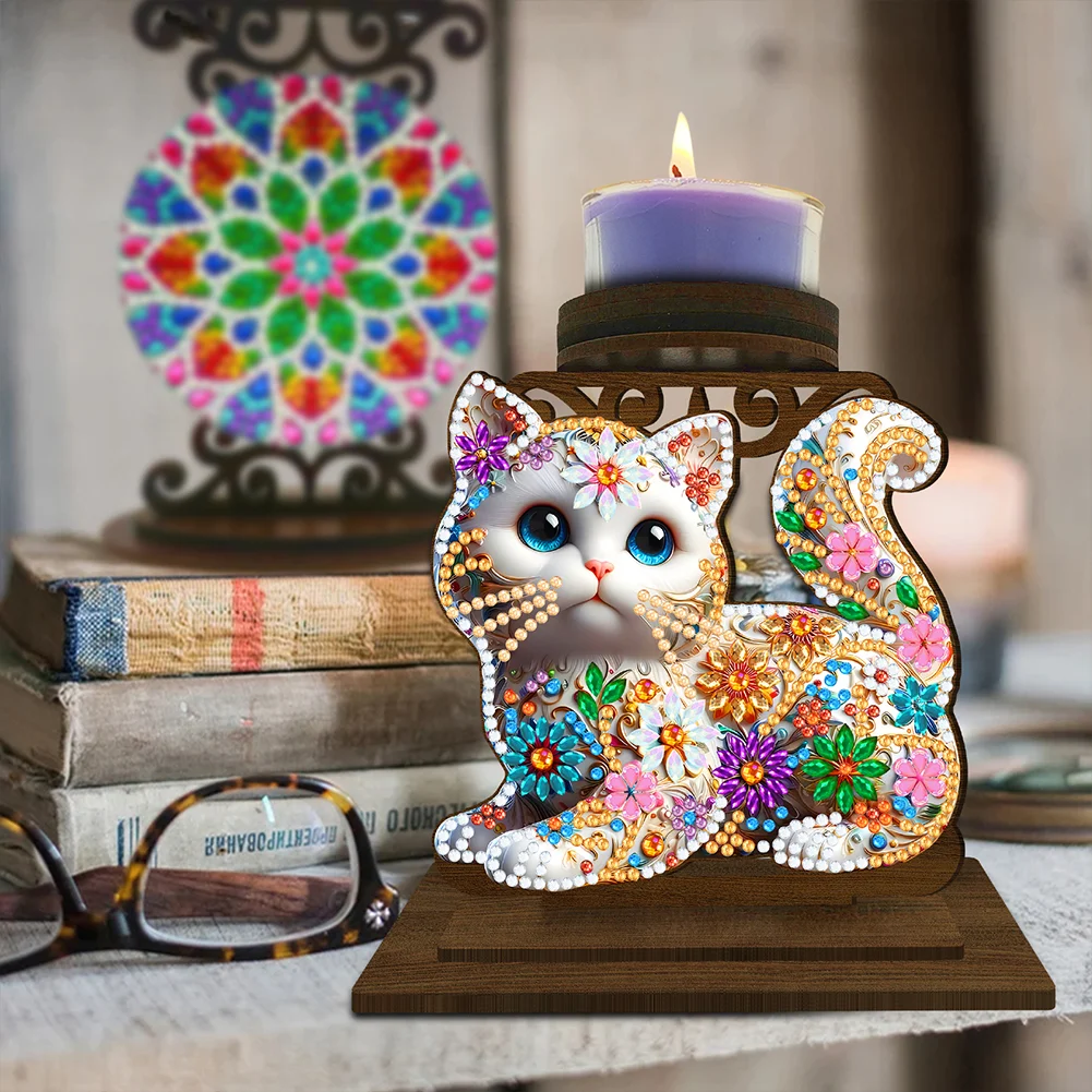 5D DIY Kitten Desktop Diamond Painting Art Candle Holder Home Decor 