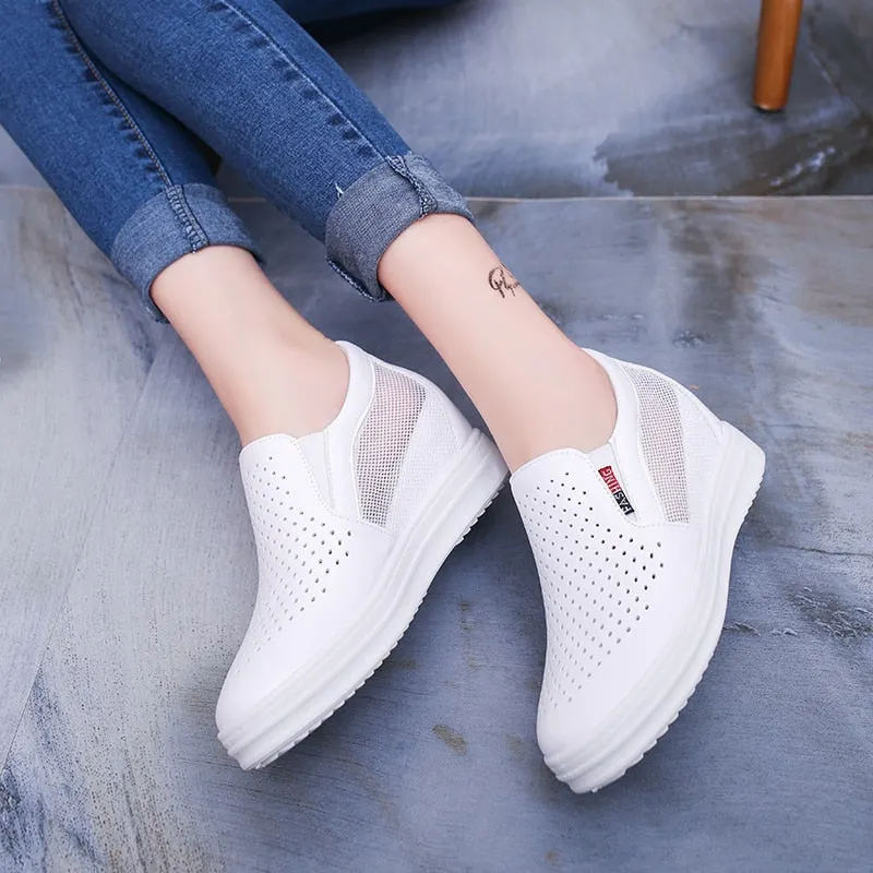 Lucyever New Women's Casual Flats Female Height Increasing Breathable Cut Out Leather Shoes Woman Hidden Wedges Summer Sneaker