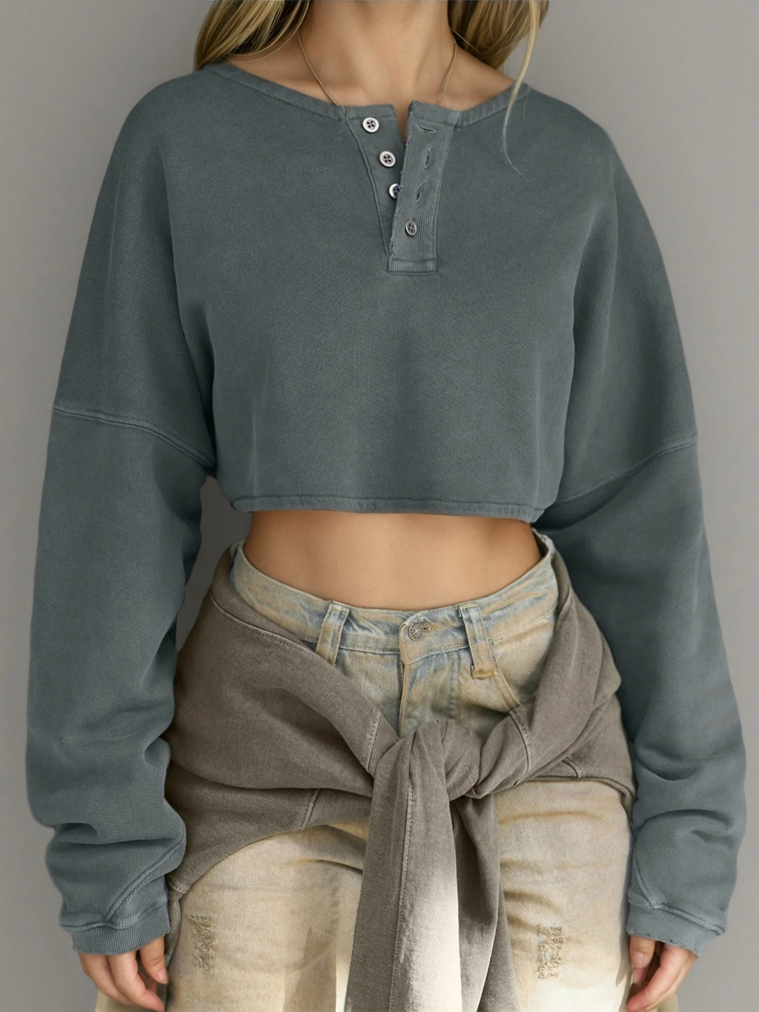 Buttoned Cropped Sweatshirt - HIGIANNA&reg;