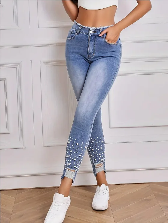Women's High-waisted Elastic Denim Jeans with Pear