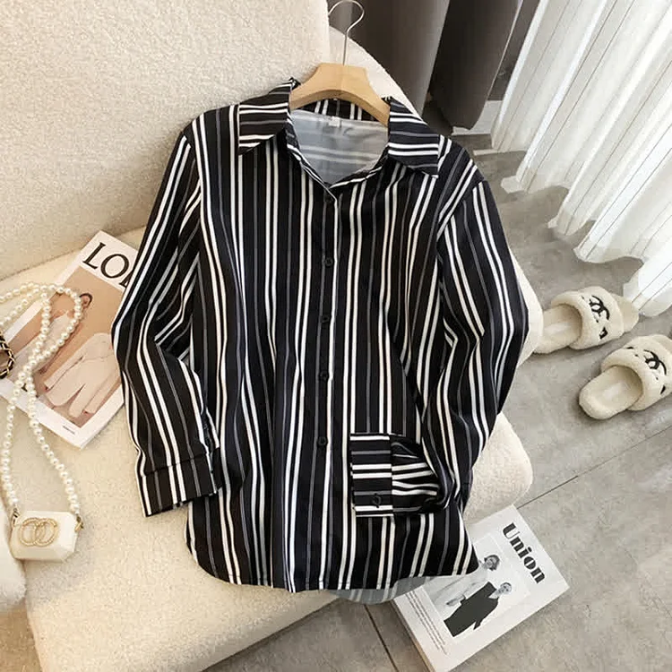 Stripe Print Long Sleeve Chiffon Shirt Workwear - Modakawa modakawa