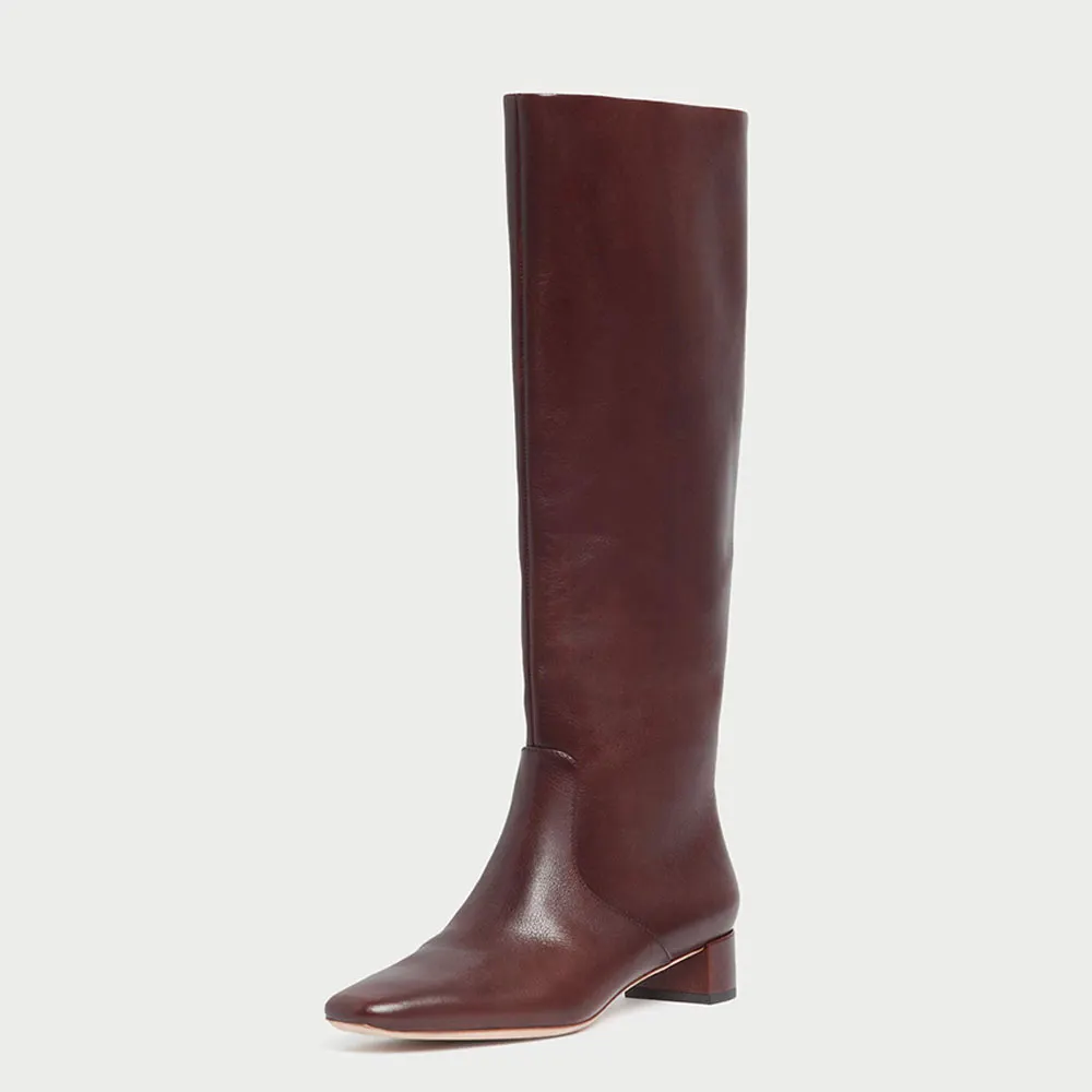 Women's Closed Square Toe Pull On Knee High Heeled Boots in Maroon