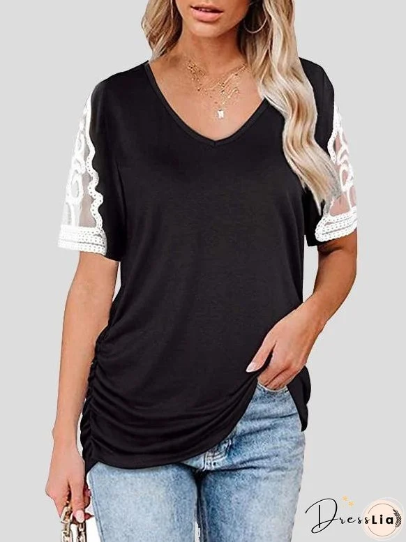 V-neck Lace Short Sleeve Pleated Top