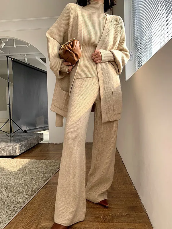 Woman in a soft cardigan with wide-leg trousers