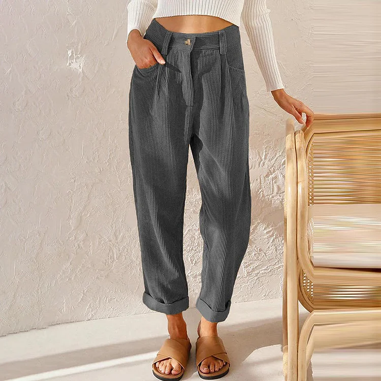 VChics Casual Solid Corduroy Loose Straight Leg Pants