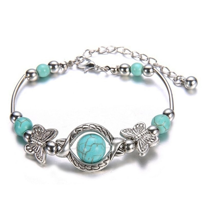 UsmallLifes King 2021 Trendy Women Butterfly Bracelet Carved Pattern Personality Beaded Turquoise Hand Chain US Mall Lifes