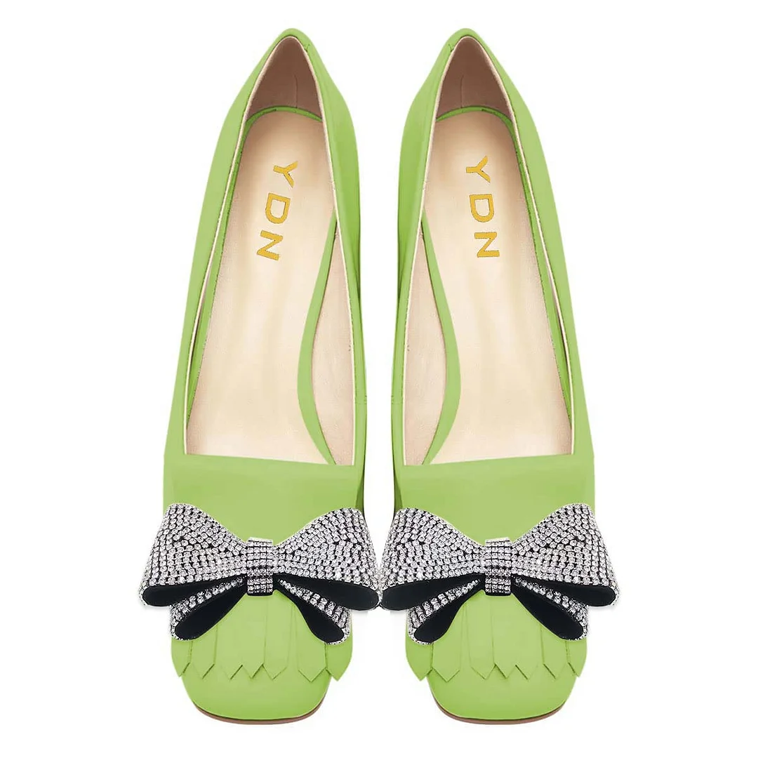 Light Green Sqaure Toe Fringe Low Heel Pumps with Rhinestone Bow