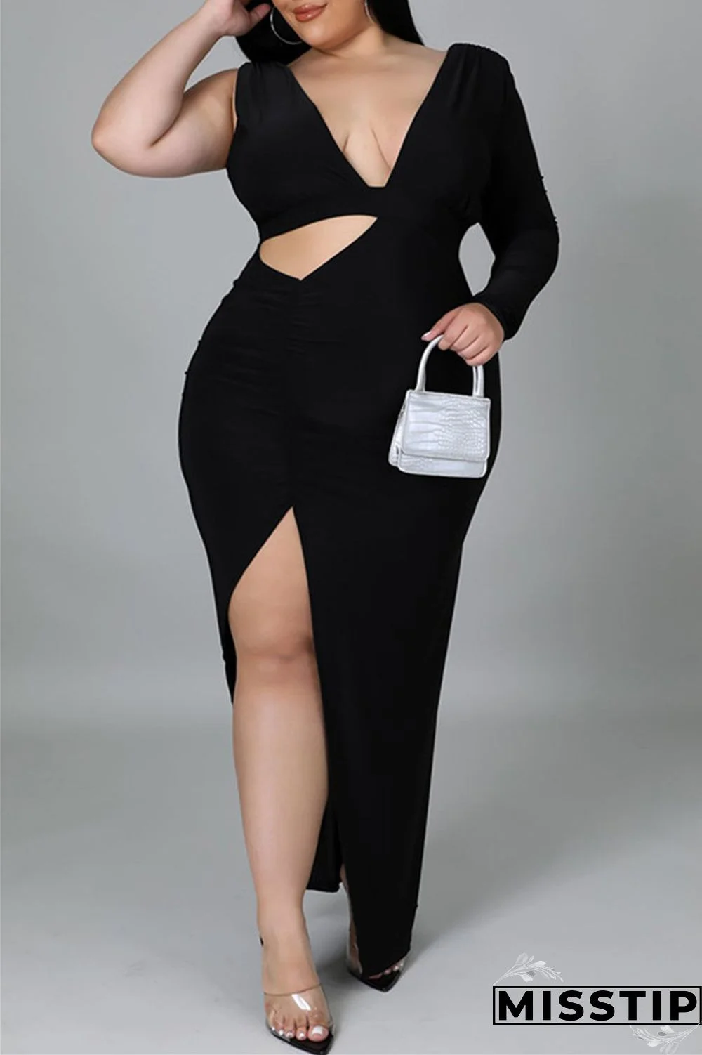 Black Fashion Casual Solid Hollowed Out Slit V Neck Long Sleeve Plus Size Dresses
