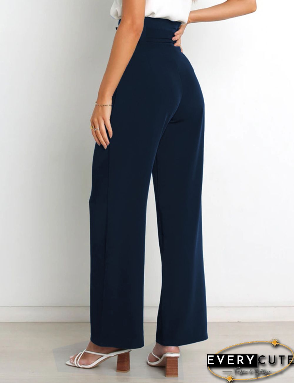 Navy Blue Wide Leg High Waist Pocket Pants with Belt