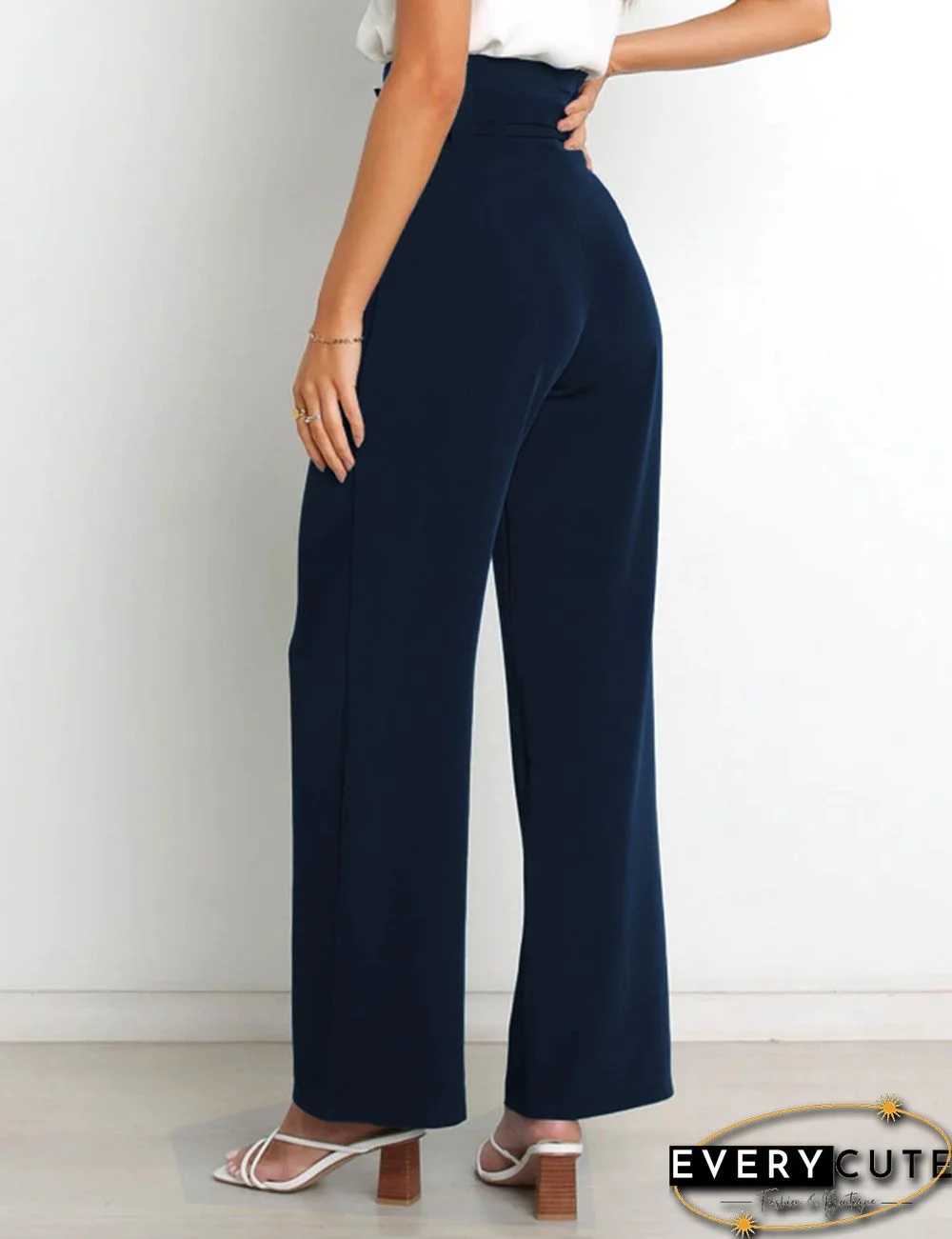 Navy Blue Wide Leg High Waist Pocket Pants with Belt