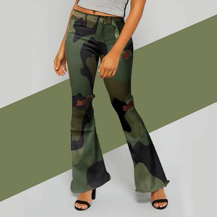 Camouflage Print Hole Flared Pants | 168DEAL