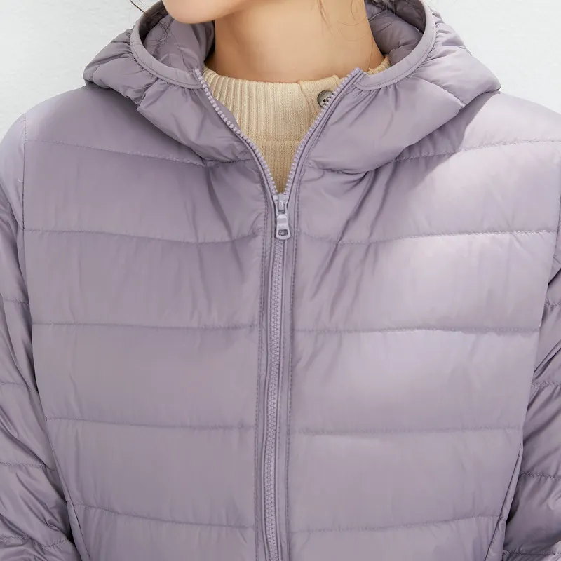 Uveng 2024 New Down Jacket Female Light Short Hooded Korean Version Large Size Slim Warm White Duck Down Pure Color Coat Tide