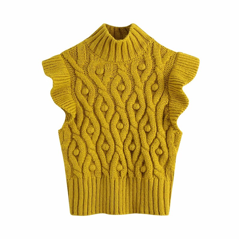 Women Vintage Ruffles Yellow Knitted Sweater Vest