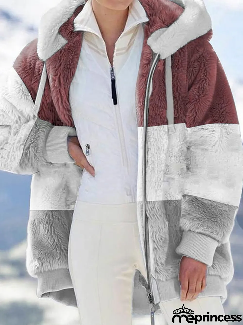 Fashion Color Blocking Plush Zipper Hooded Jacket