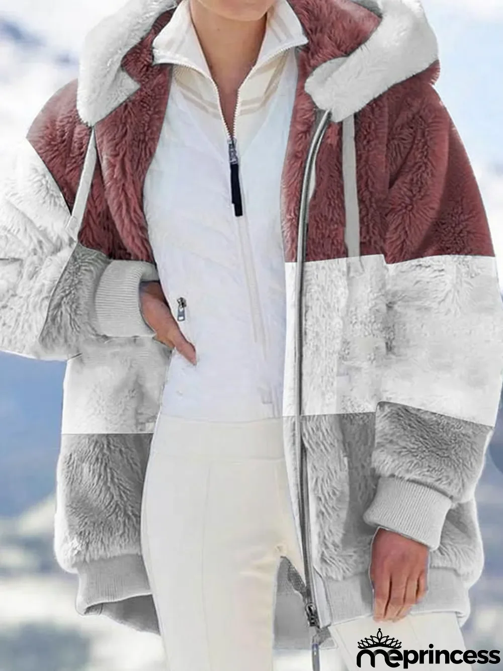 Fashion Color Blocking Plush Zipper Hooded Jacket