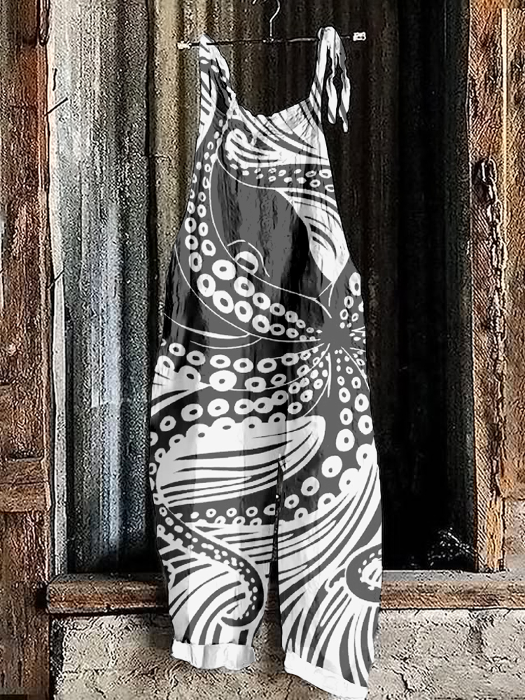 Ocean Octopus Lino Art Linen Blend Comfy Jumpsuit