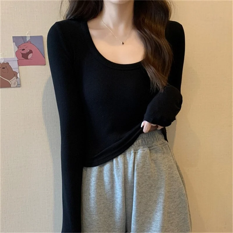 Basic Cotton T Shirt Women U-neck Slim Tshirt Long Sleeve T-shirts Female Casual Elasticity White Black Tee Shirt Femme Top